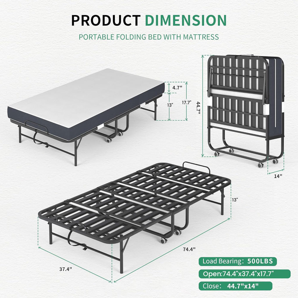 Folding Bed with Mattress, 5-Inch Memory Foam, 500lbs Capacity, Metal Frame T7881