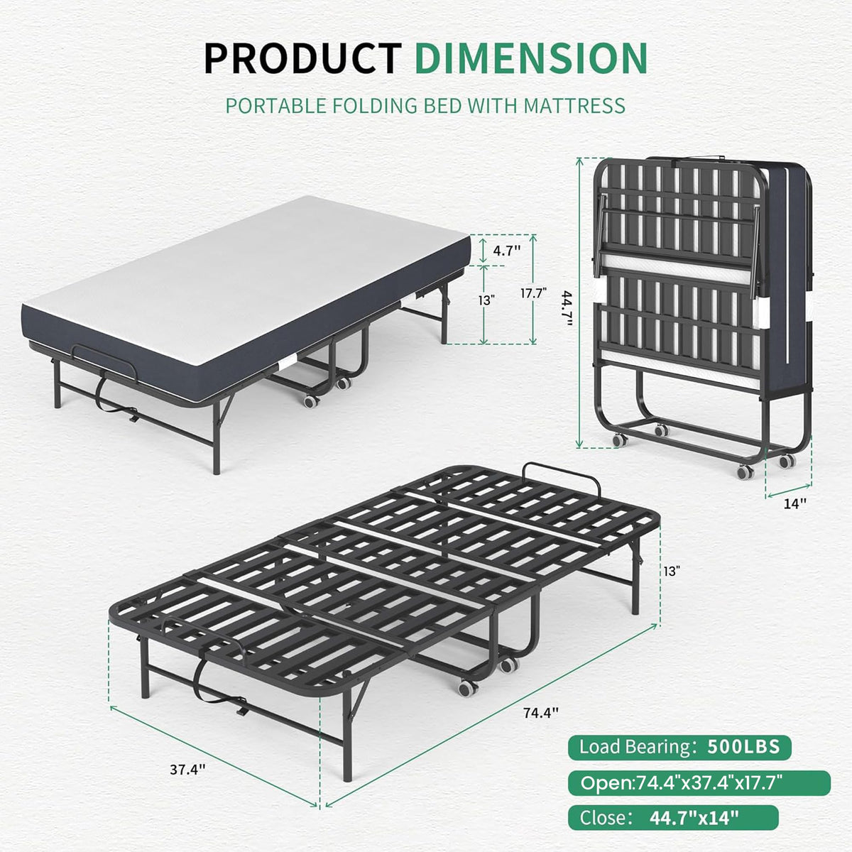 Folding Bed with Mattress, 5-Inch Memory Foam, 500lbs Capacity, Metal Frame T7881
