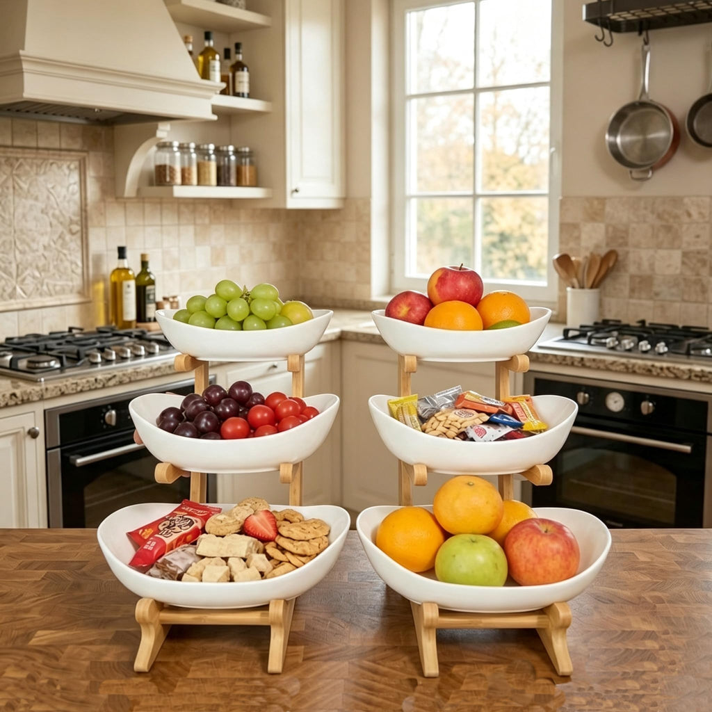3-Tier Ceramic Fruit Bowl with Bamboo Stand X23587