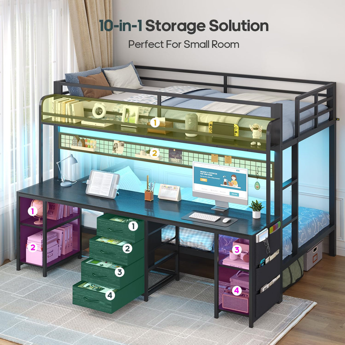 Twin Over Twin Bunk Bed with Desk and LED Lights V414773