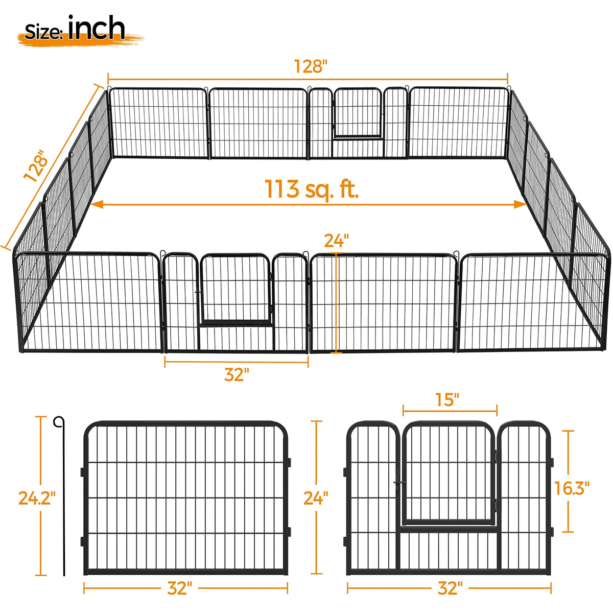 24" H 16-Panel Extra Wide Dog Playpen with Door S6754