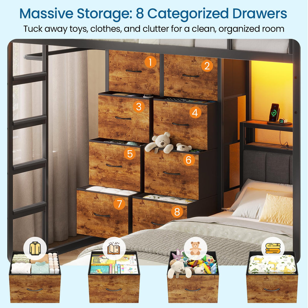 Twin Over Twin Bunk Bed with 8 Drawers and Storage Headboard O879