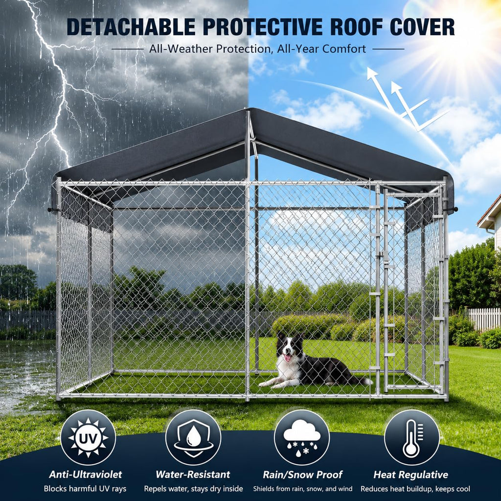 10x10ft Extra Large Heavy-Duty Chain-Link Dog Kennel with Roof C633914