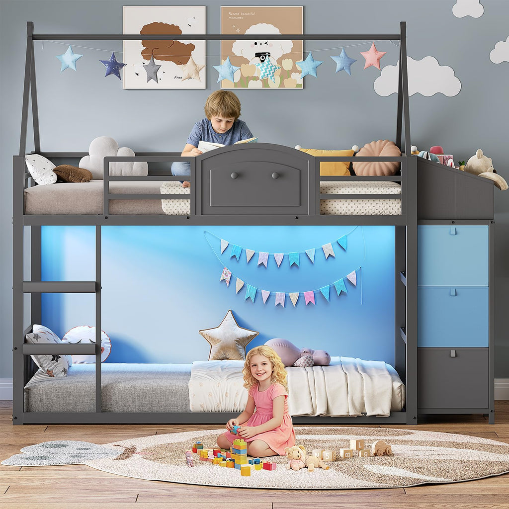 Twin Over Twin Bunk Bed with 3 Storage Drawers and Stairs E541