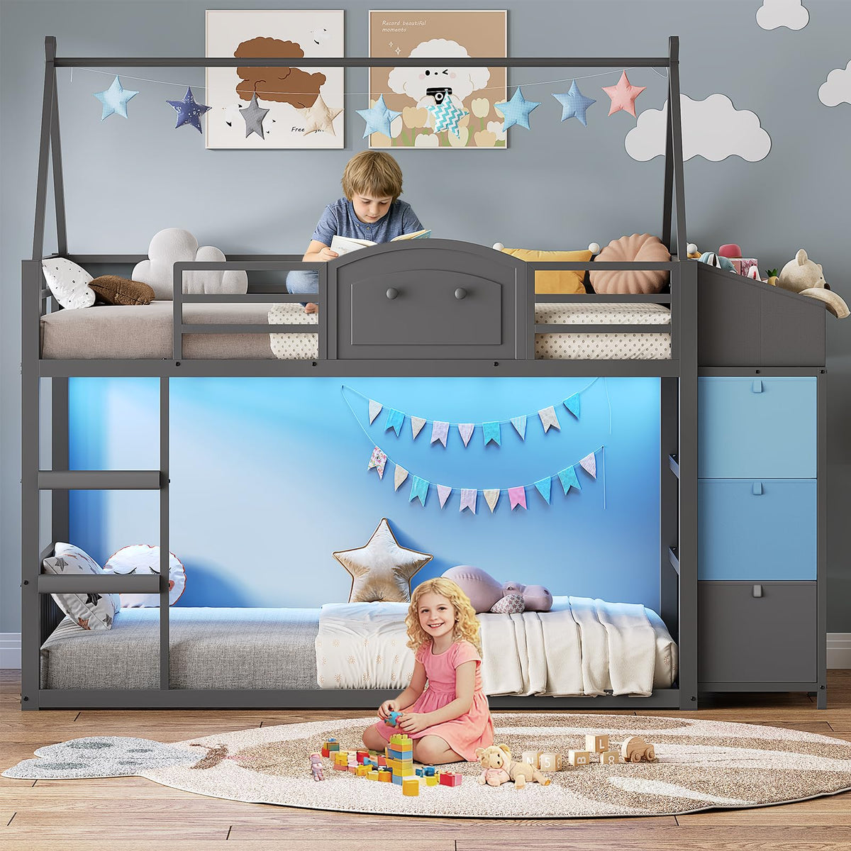 Twin Over Twin Bunk Bed with 3 Storage Drawers and Stairs E541