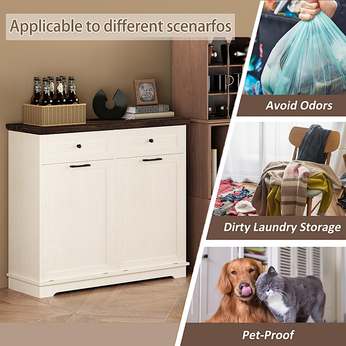 20 Gallon Wooden Tilt Out Trash Can Cabinet with Drawers M6416