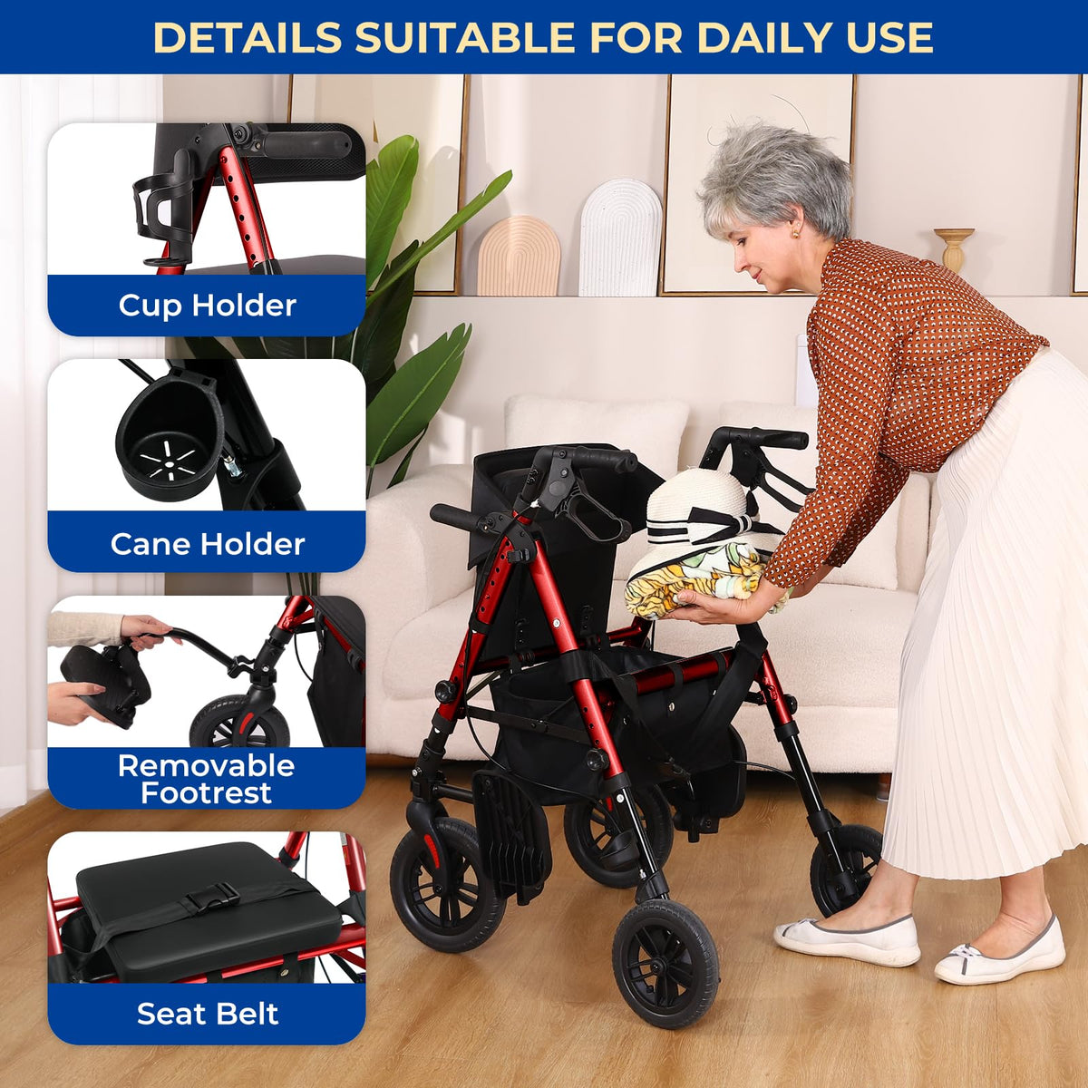 Foldable Rollator Walker with Seat, 2 in 1 Wheelchair Combo, Red F613582