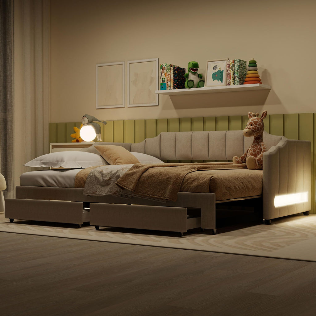 Twin XL to King Extendable Upholstered Daybed Frame with 2 Storage Drawers D1695
