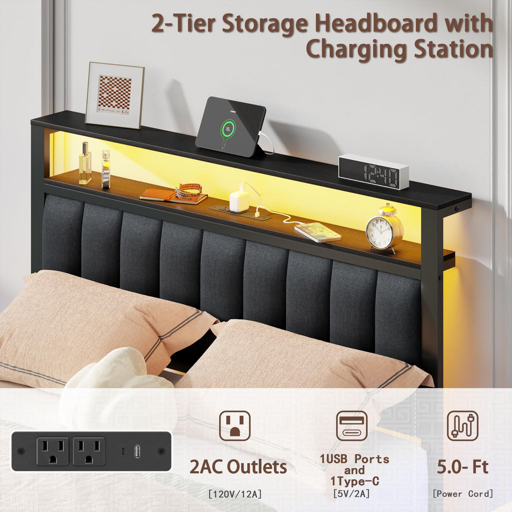Full Size Bed Frame with Storage Drawers and Upholstered Headboard Y692758