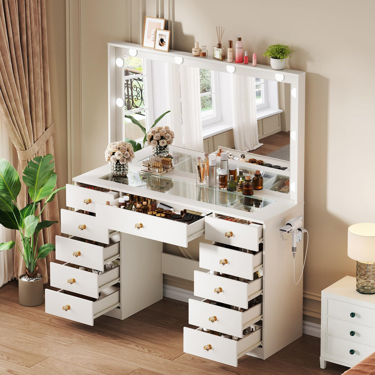 White Vanity Desk with Mirror and 10 LED Lights Y454916