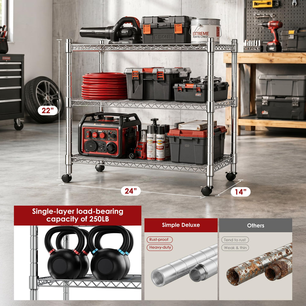 Heavy Duty 3-Shelf Chrome Steel Shelving Unit with Wheels H483