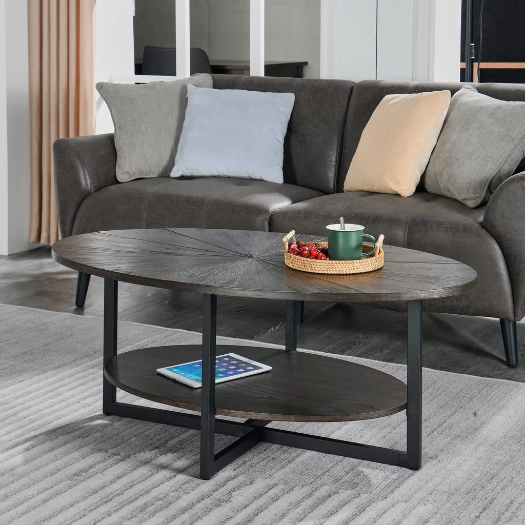 Wood Oval Coffee Table with Storage Shelf, 2-Tier, Black Brown A687186