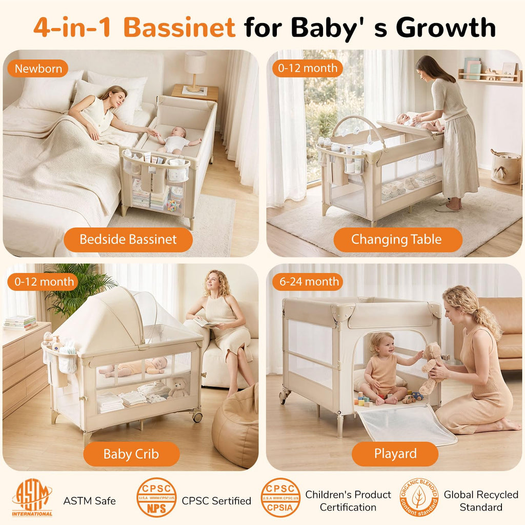 4 in 1 Foldable Pack and Play with Bassinet and Changing Table, Beige V8363