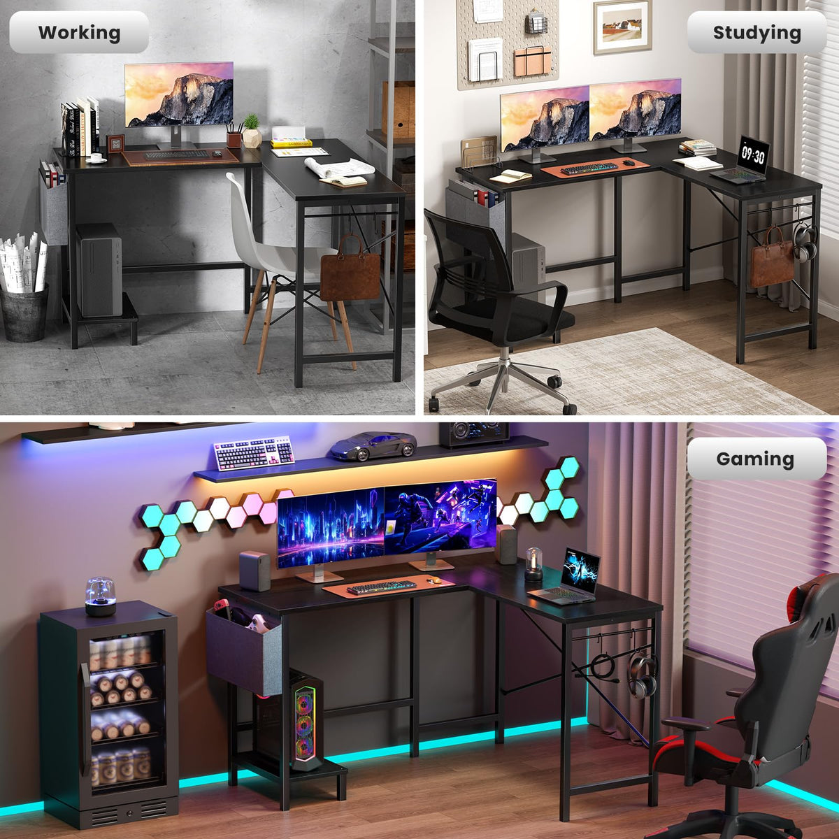 L Shaped Computer Corner Desk with PC Stand, Black P70456