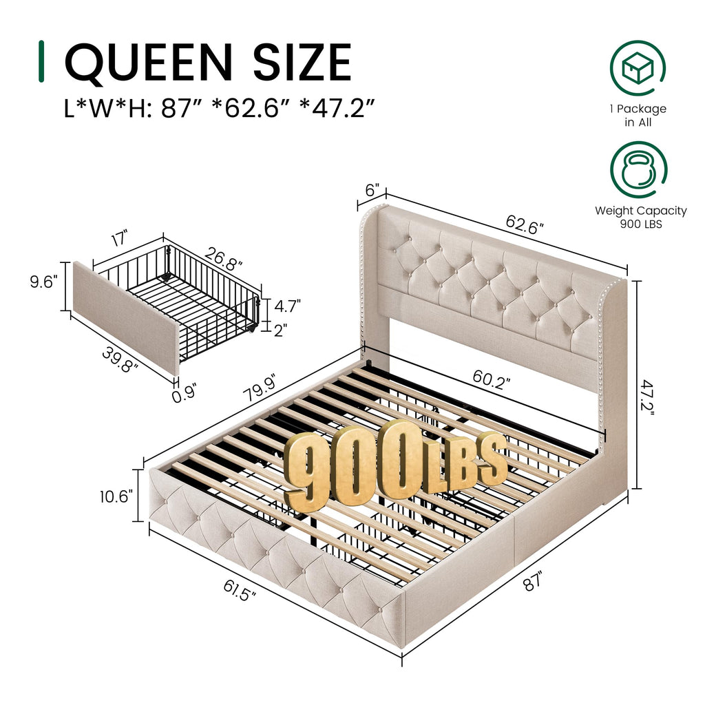 Queen Size Linen Upholstered Platform Bed Frame with 4 Storage Drawers S358783