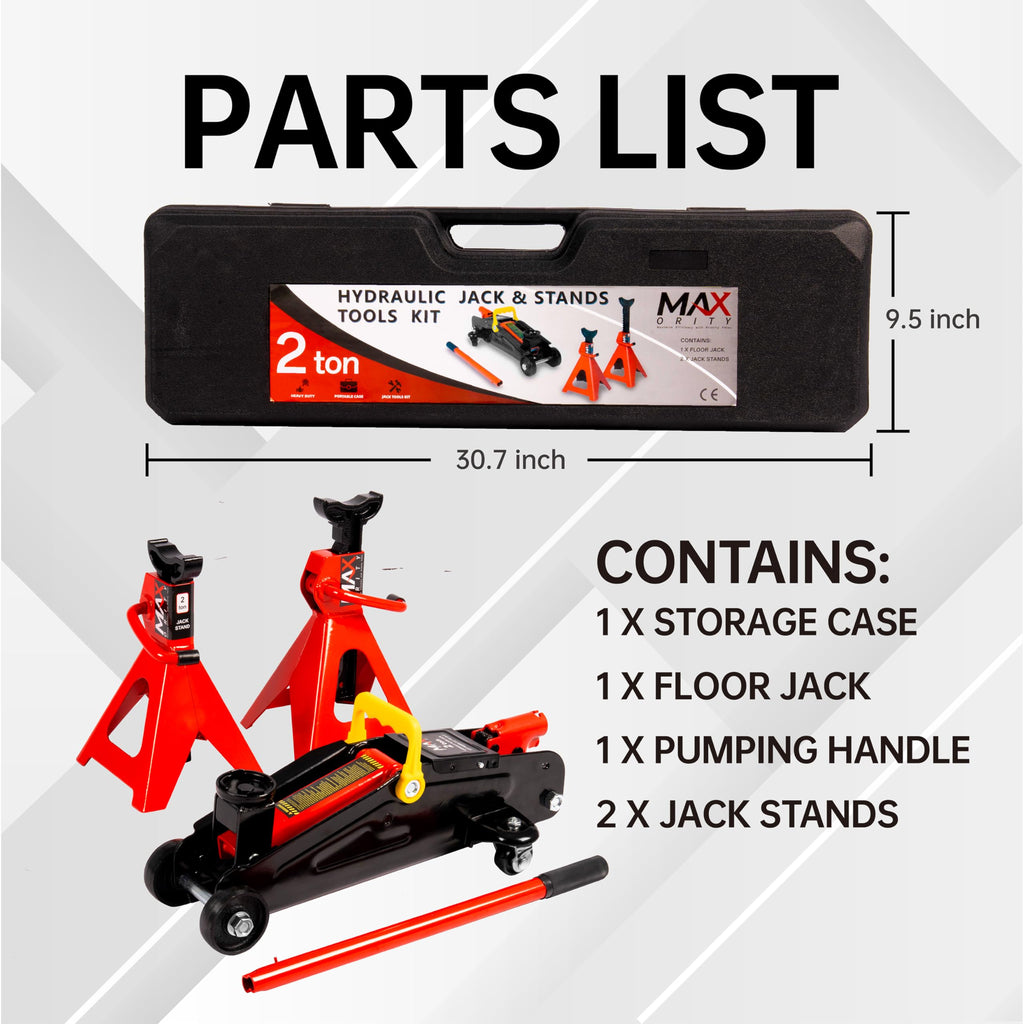 2-Ton Hydraulic Low Profile Trolley Floor Jack with Case and 1 Pair 2 Ton Jack Stands F839