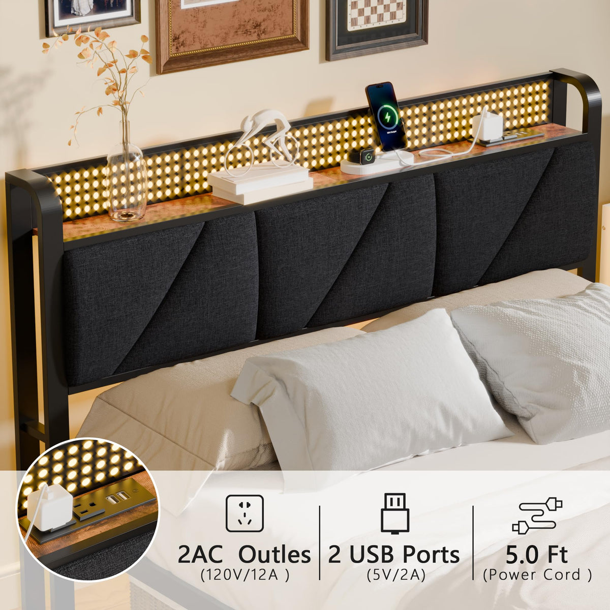 Full Size Bed Frame with Storage Shelf and Upholstered Headboard S90964