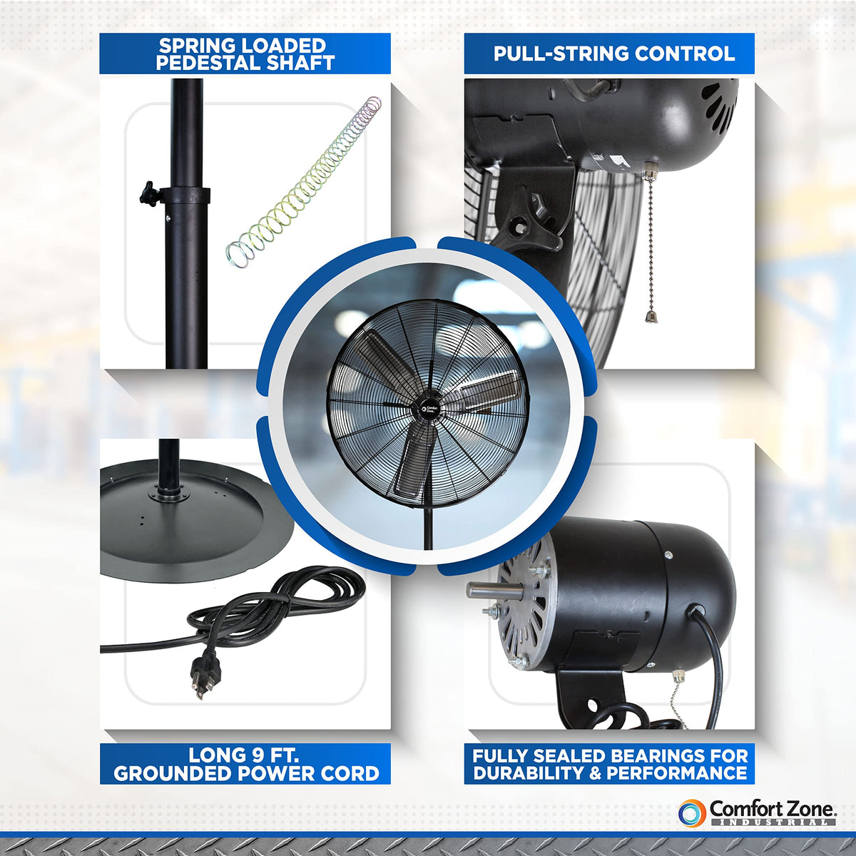 Industrial Pedestal Fan, 30 inch, 3 Speed, Adjustable Height, Metal O912144