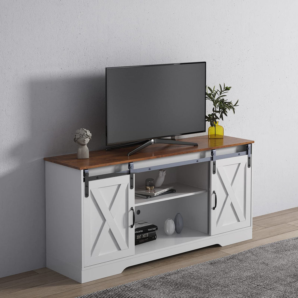 65 Inch TV Stand with Sliding Barn Doors and Storage Cabinets F222472