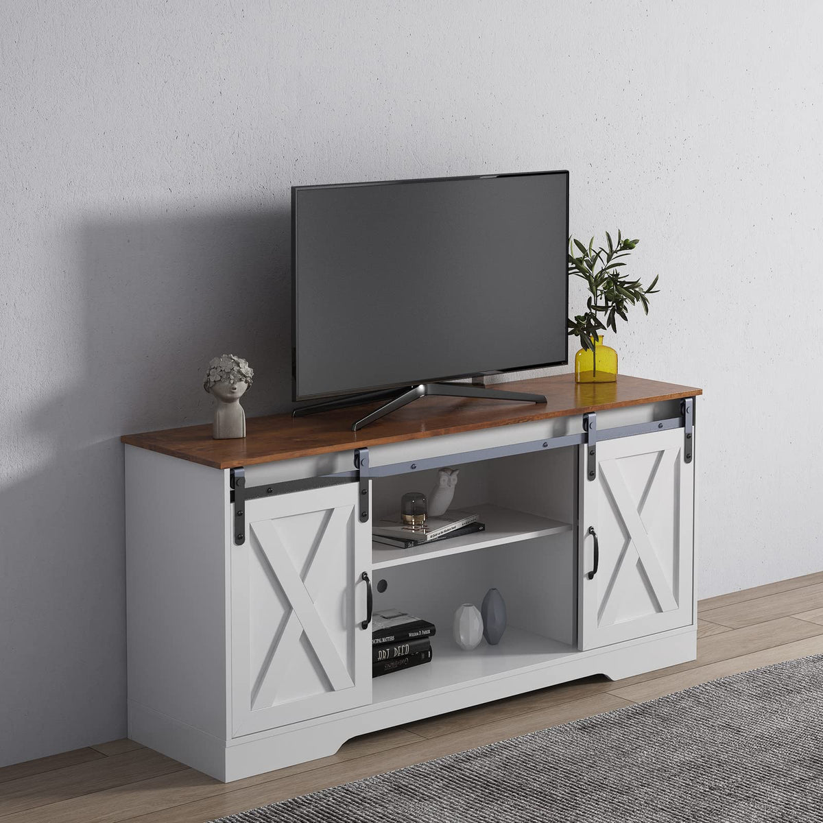 65 Inch TV Stand with Sliding Barn Doors and Storage Cabinets F222472