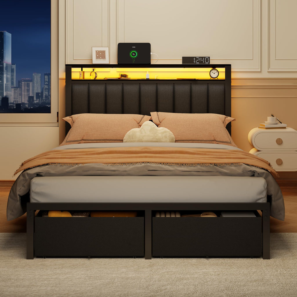 Full Size Bed Frame with Storage Drawers and Upholstered Headboard Y692758