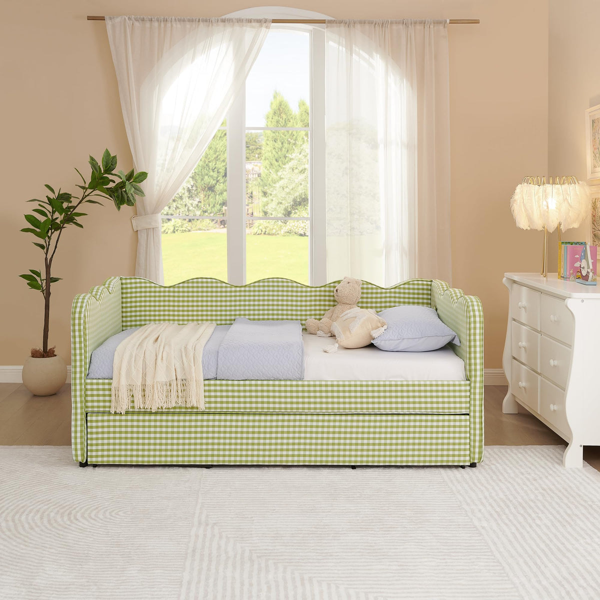Twin Gingham Upholstered Daybed with Pop Up Trundle Bed O401
