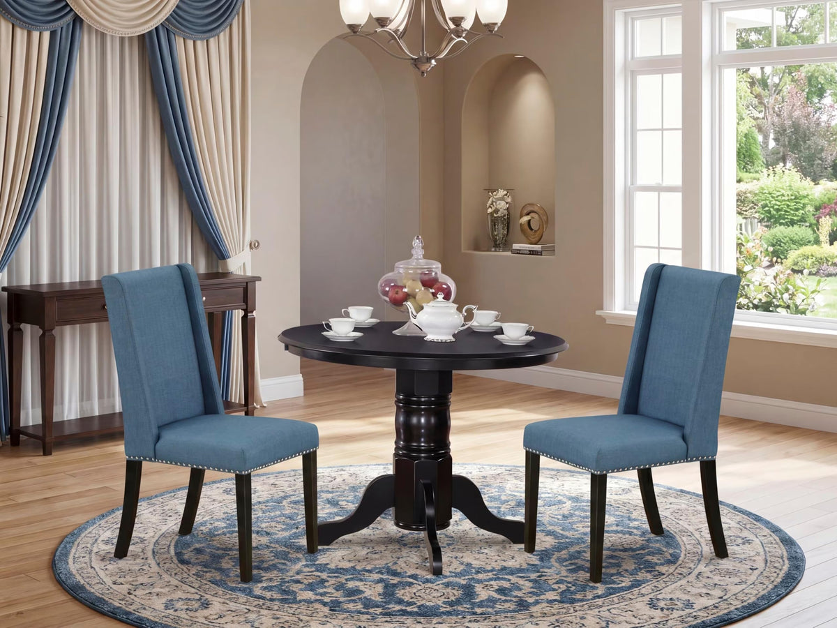 3 Piece Dining Table Set with 2 Blue Linen Fabric Chairs Q60237