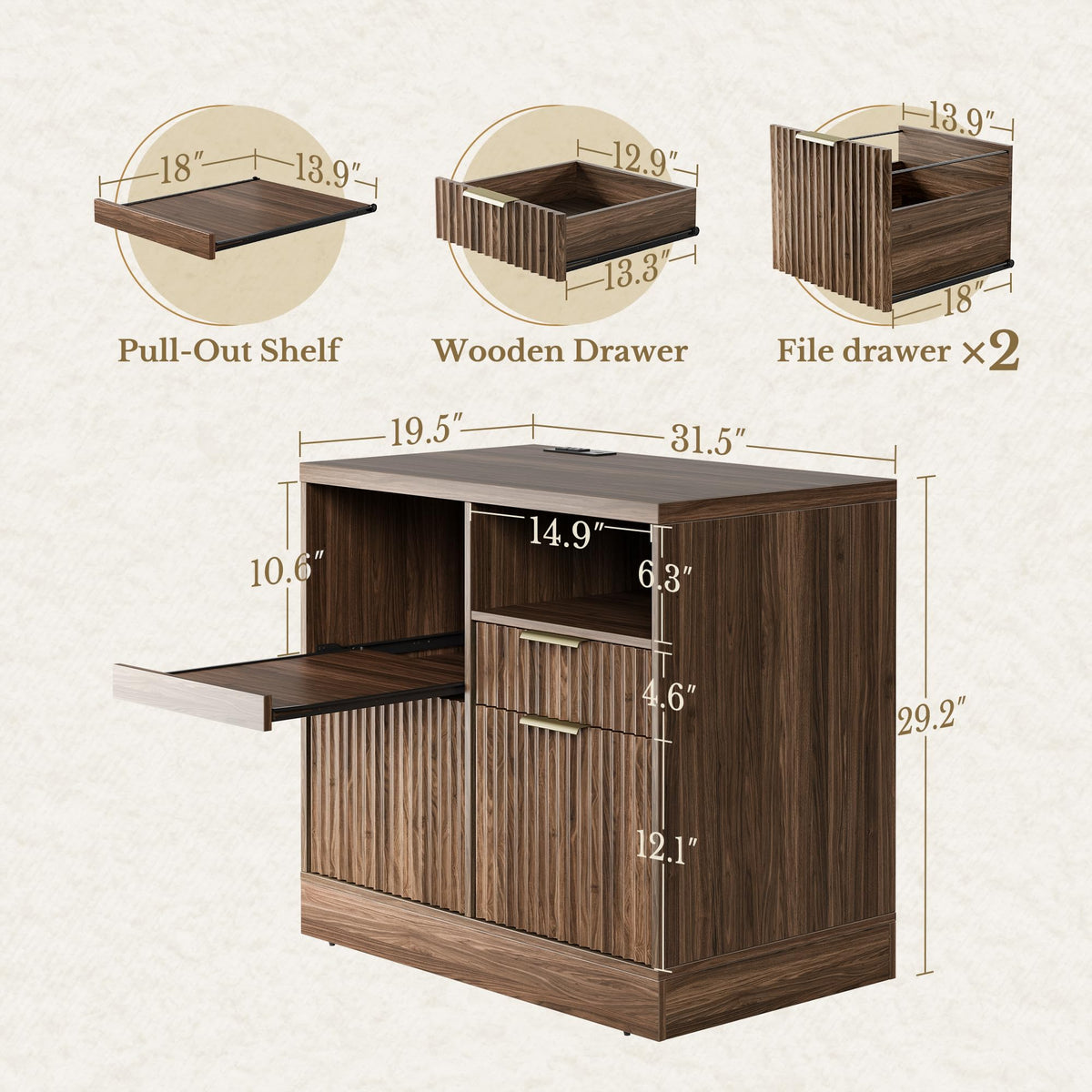 Black 3 Drawer Wood File Cabinet with Charging Station H220