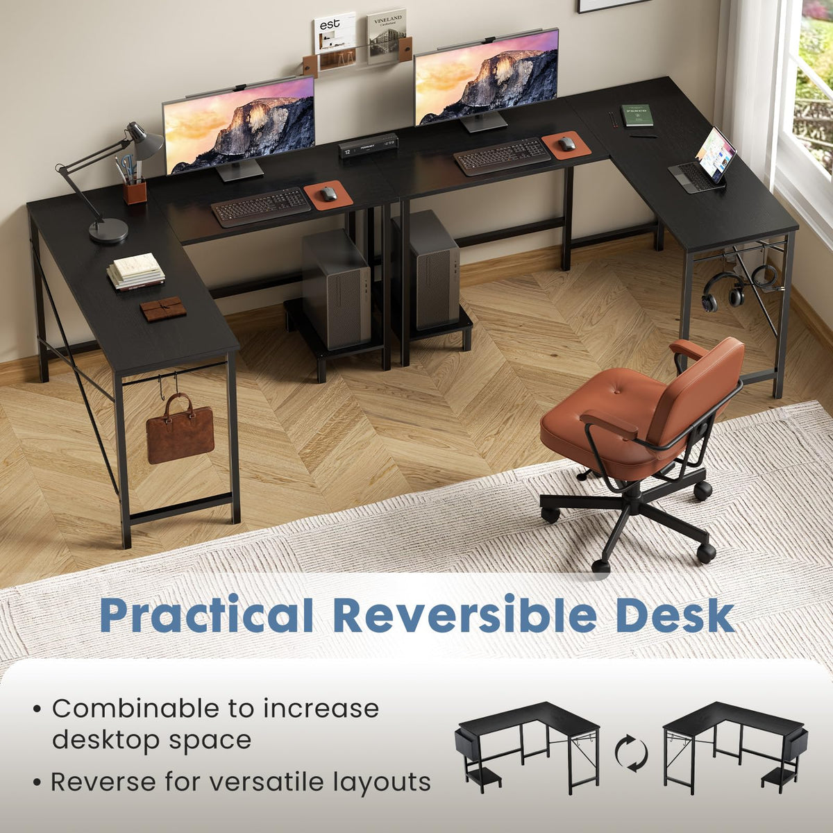L Shaped Computer Corner Desk with PC Stand, Black P70456