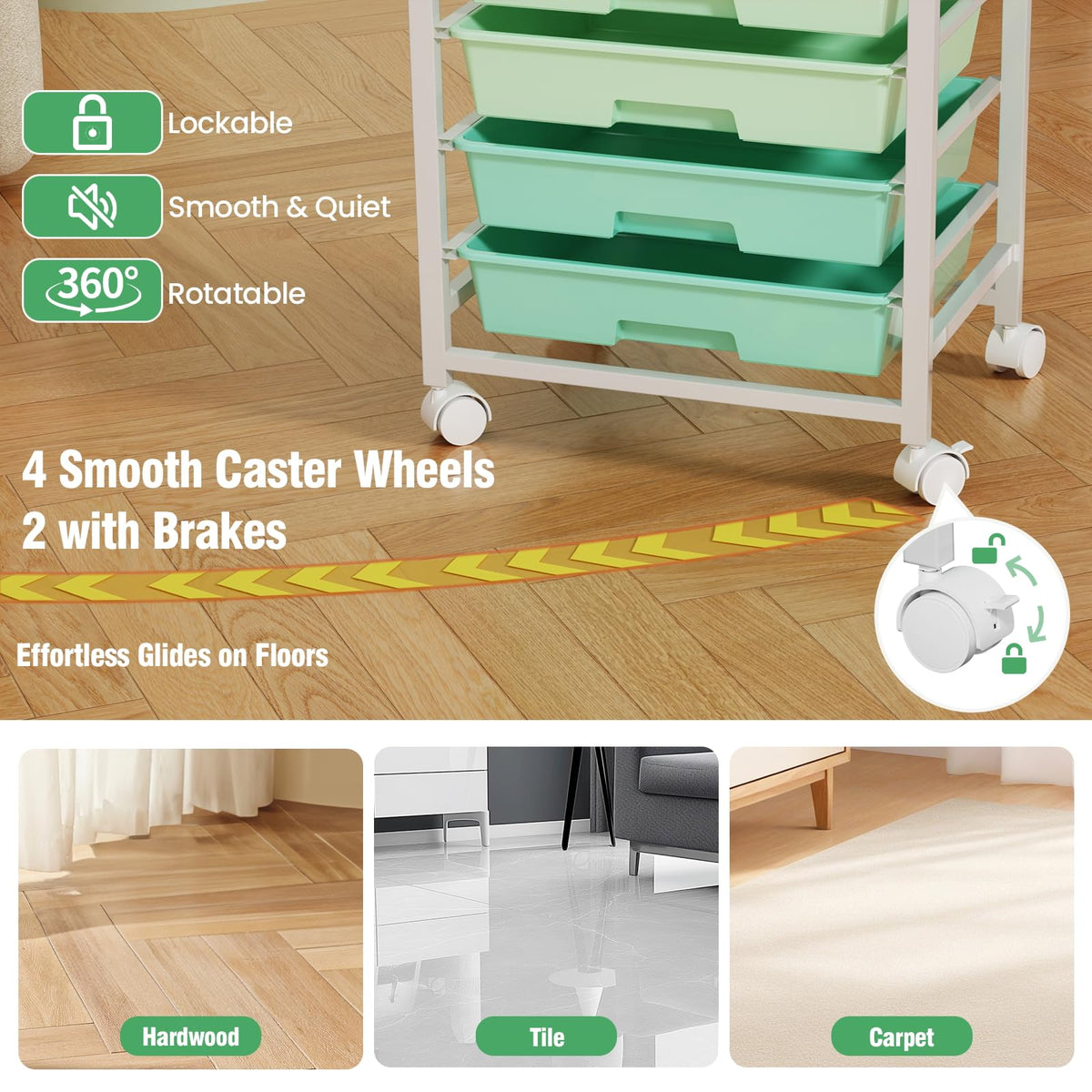 Rolling Storage Cart with 8 Drawers & Wooden Tabletop, Green, White Y36158