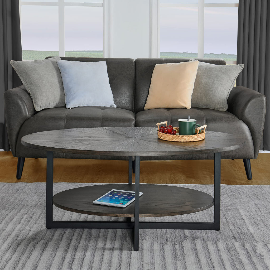 Wood Oval Coffee Table with Storage Shelf, 2-Tier, Black Brown A687186