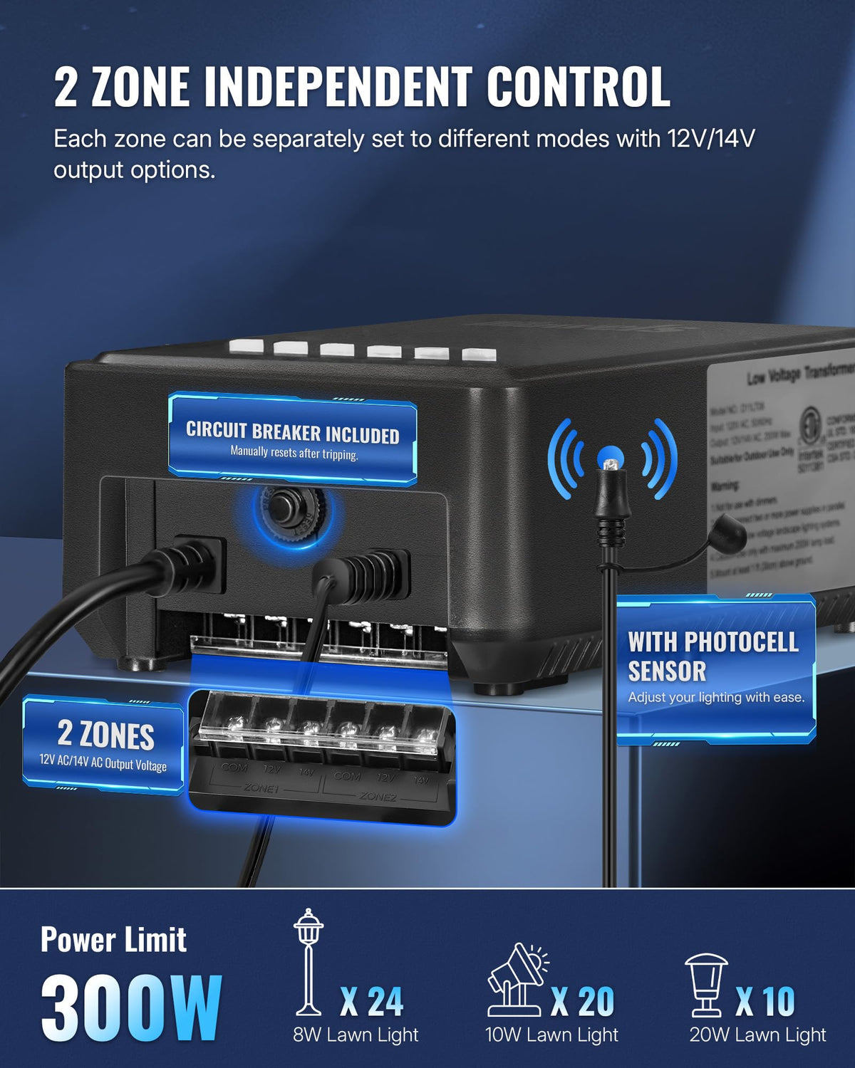 300W Low Voltage Landscape Transformer with Timer & Photocell Sensor V5327