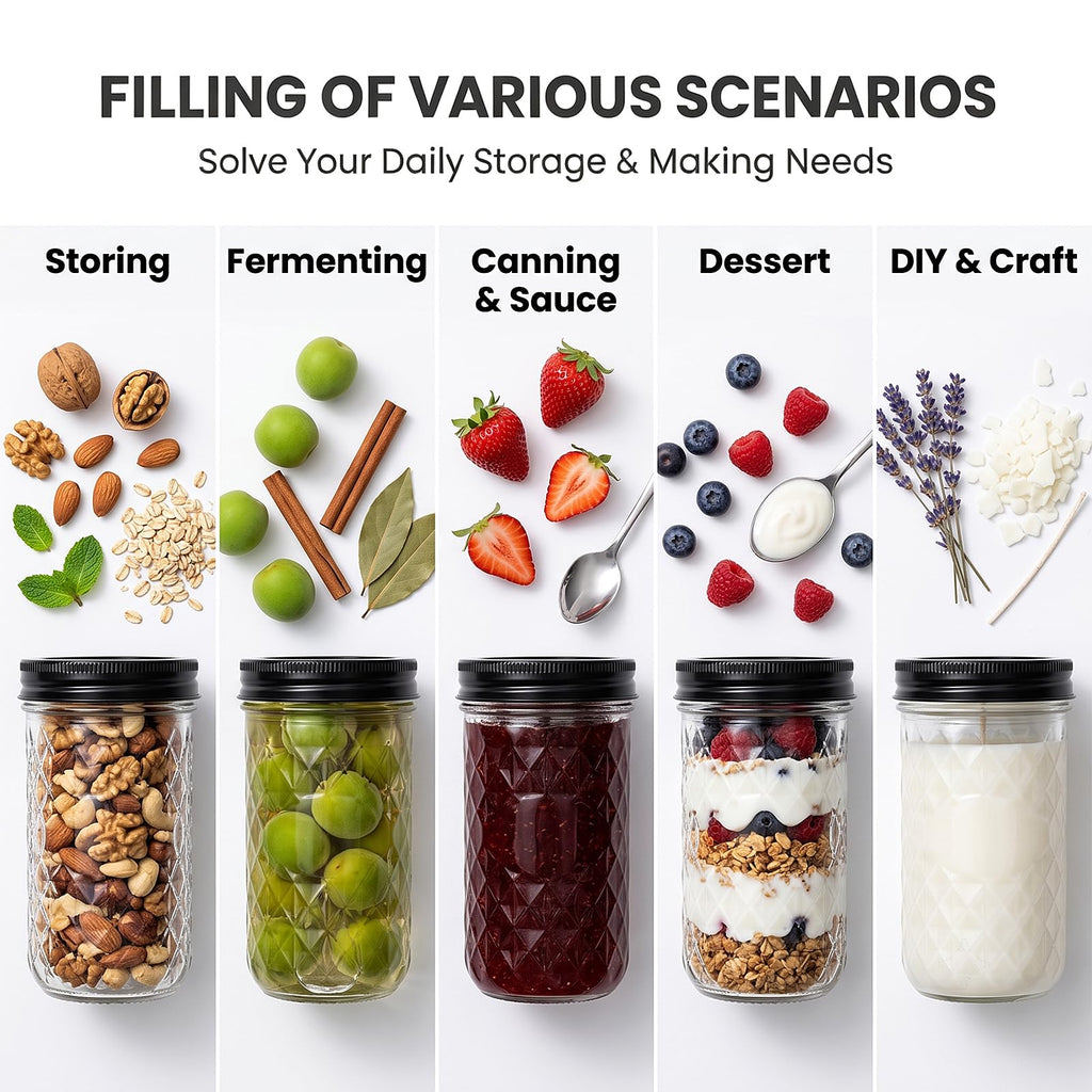 12 oz Mason Jars 12 Pack Regular Mouth Canning Jars with Black Lids E7160