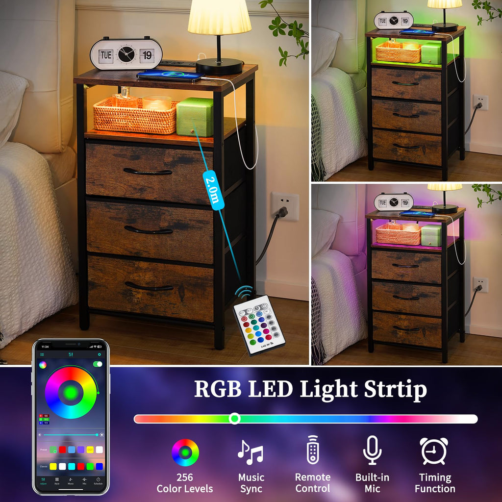 Red Brown Nightstand with Charging Station F674