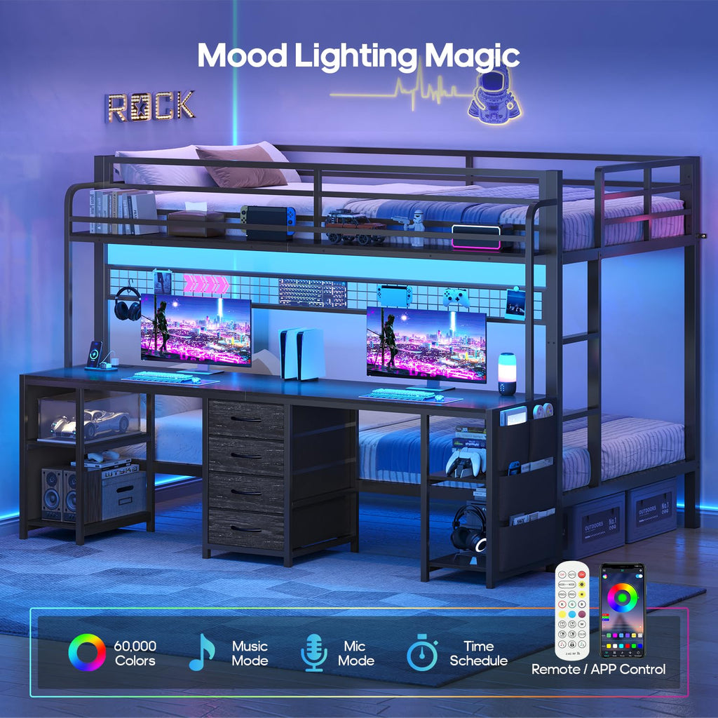 Twin Over Twin Bunk Bed with Desk and LED Lights V414773