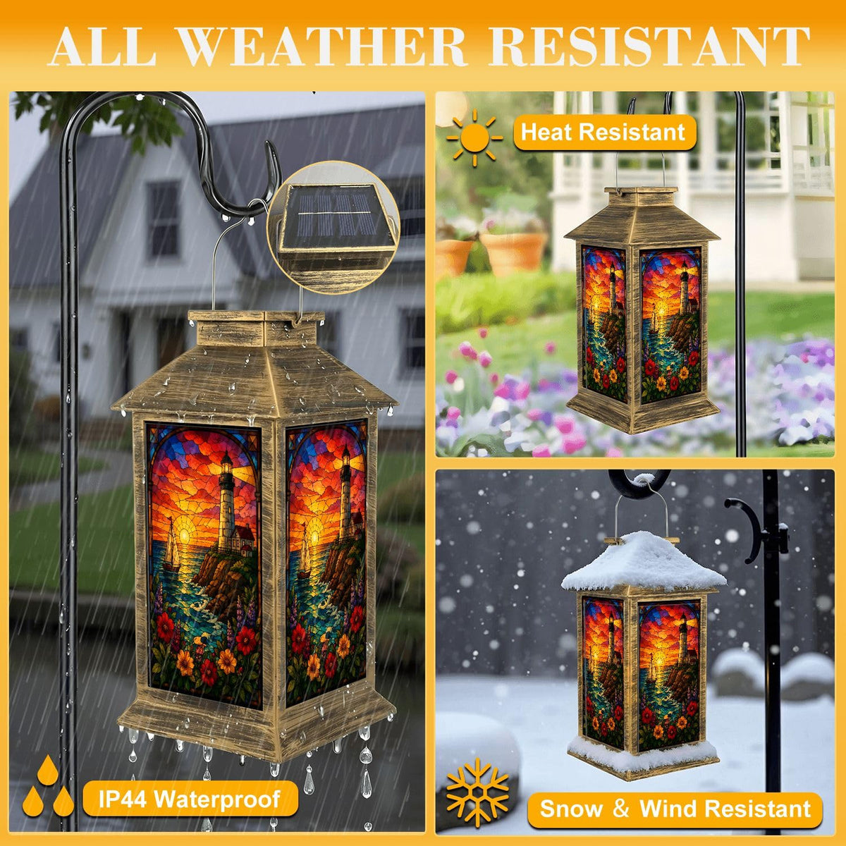 Solar Lantern Outdoor Waterproof Stained Glass Effect LED Hanging Tabletop Lamp I943