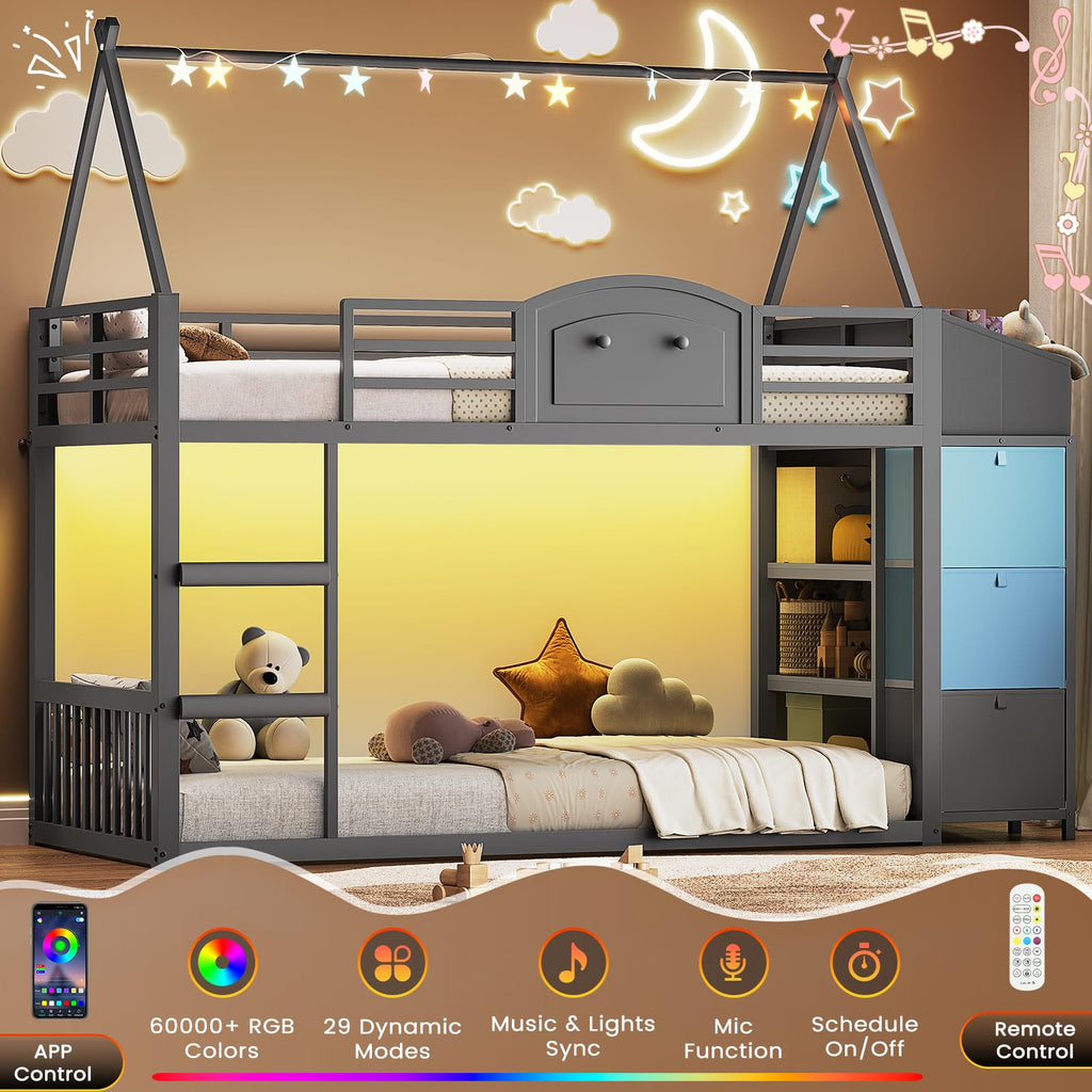 Twin Over Twin Bunk Bed with 3 Storage Drawers and Stairs E541