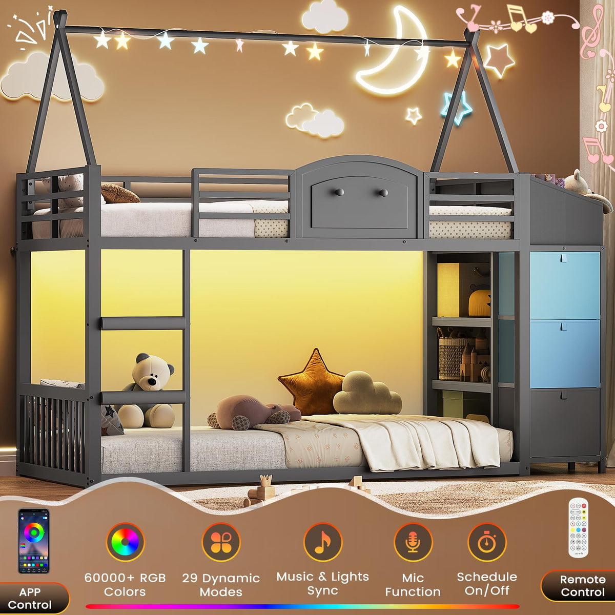 Twin Over Twin Bunk Bed with 3 Storage Drawers and Stairs E541