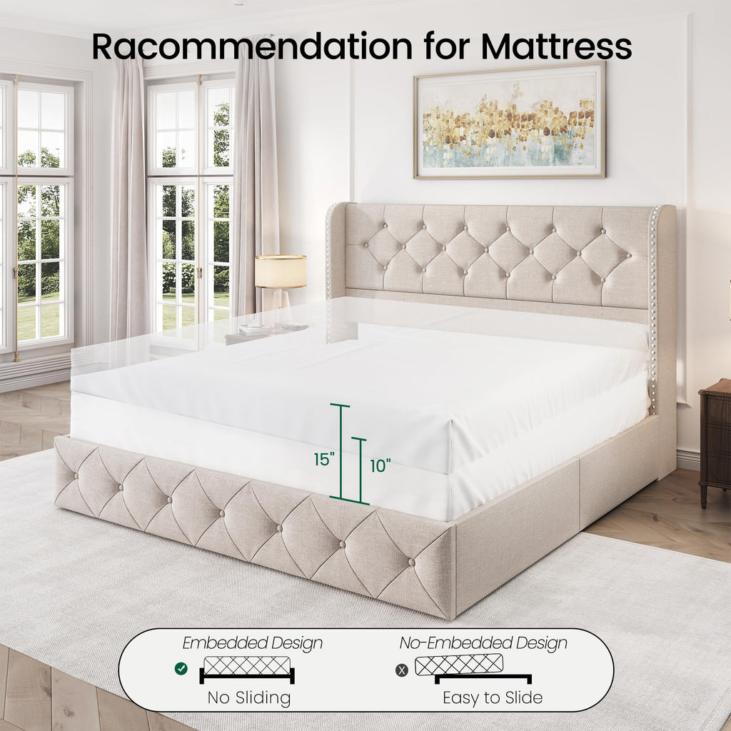 Queen Size Linen Upholstered Platform Bed Frame with 4 Storage Drawers S358783