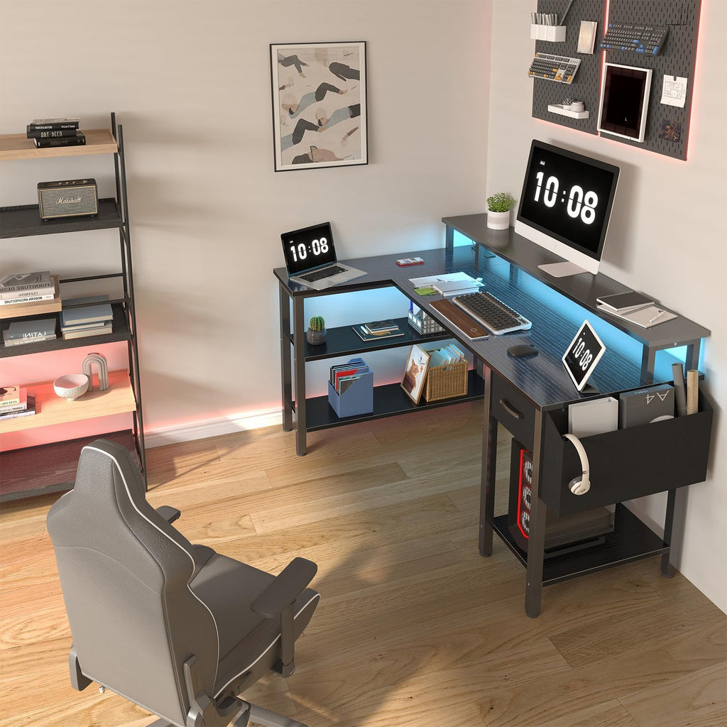L Shaped Gaming Desk with Storage Shelves, 47 inch Black B2351