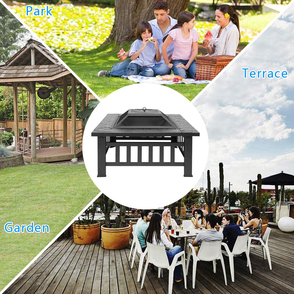 32" Square Metal Wood Burning Fire Pit with Poker and Mesh Lid D588