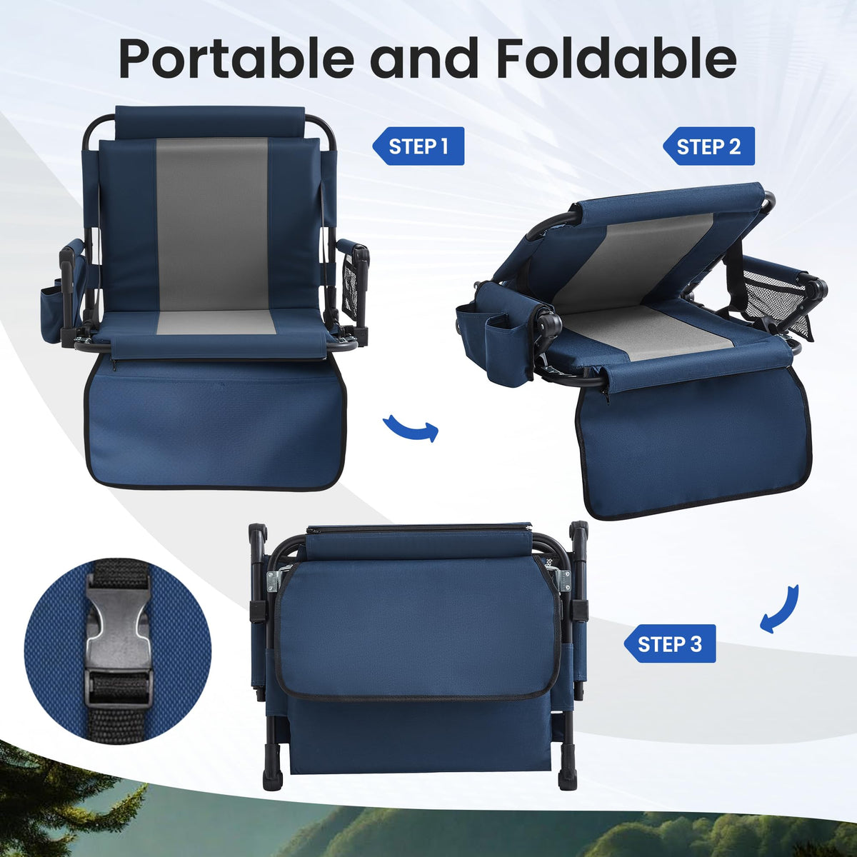 Portable Stadium Seat with Cup Holders & Armrests, Blue & Gray L428500
