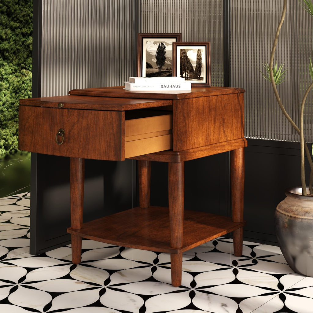 Large Cherry Wood 2-Tier Side Table with Drawer and Shelf M877655