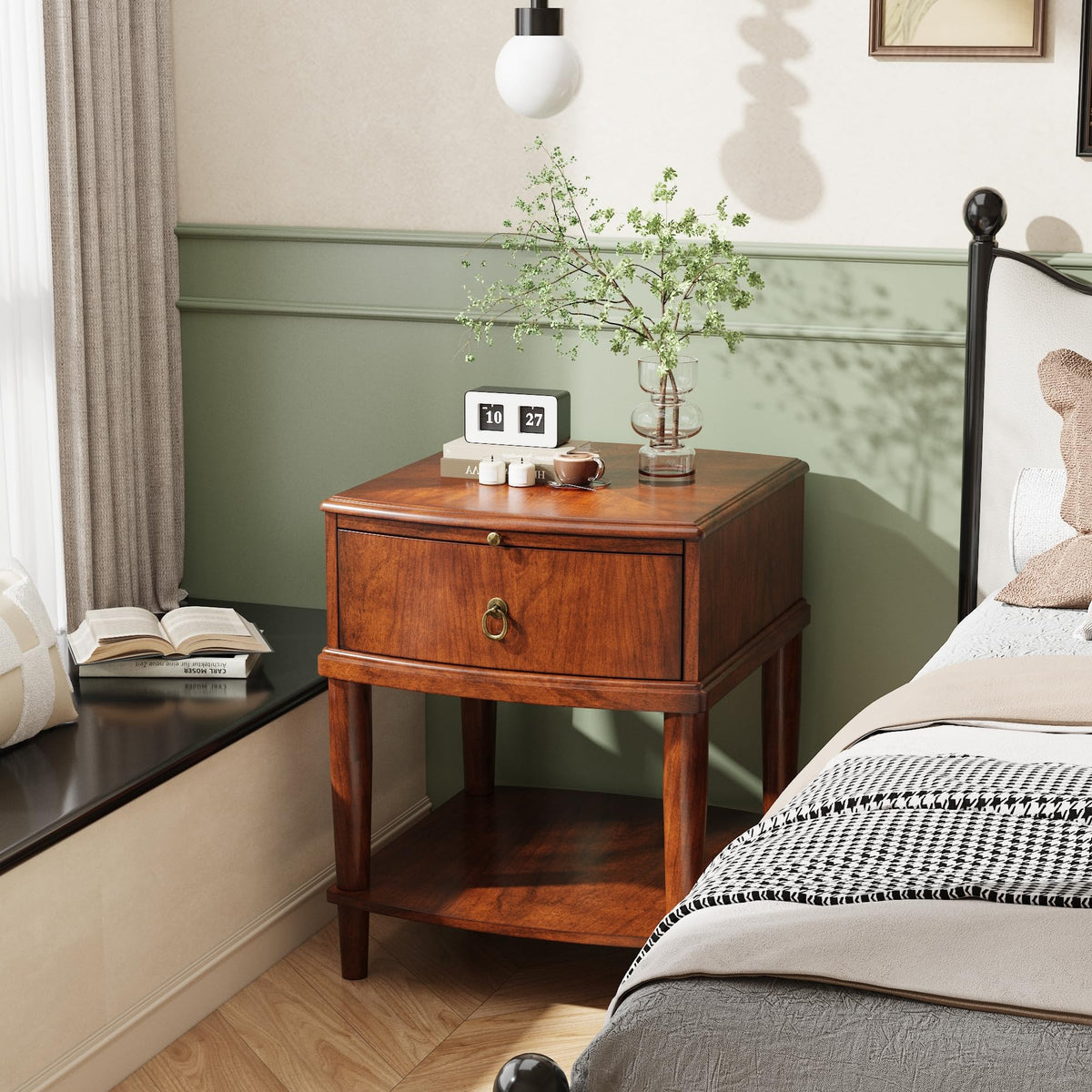 Large Cherry Wood 2-Tier Side Table with Drawer and Shelf M877655