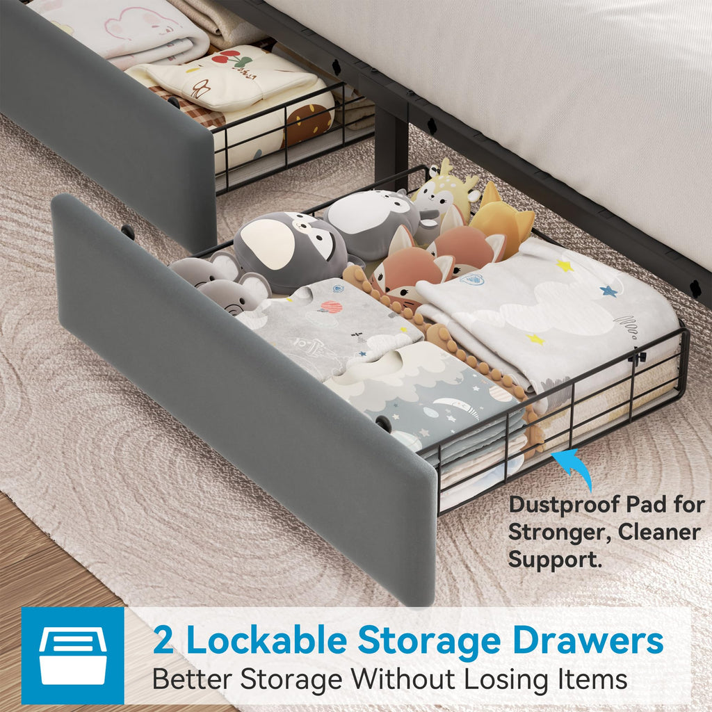 Twin Upholstered Velvet Platform Bed Frame with 2 Storage Drawers C3030