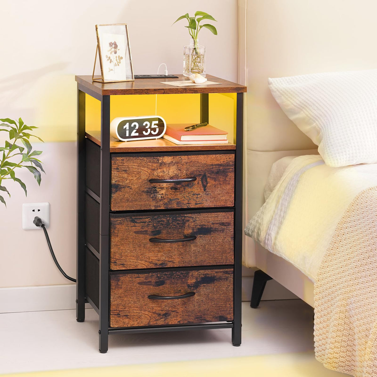 Red Brown Nightstand with Charging Station F674