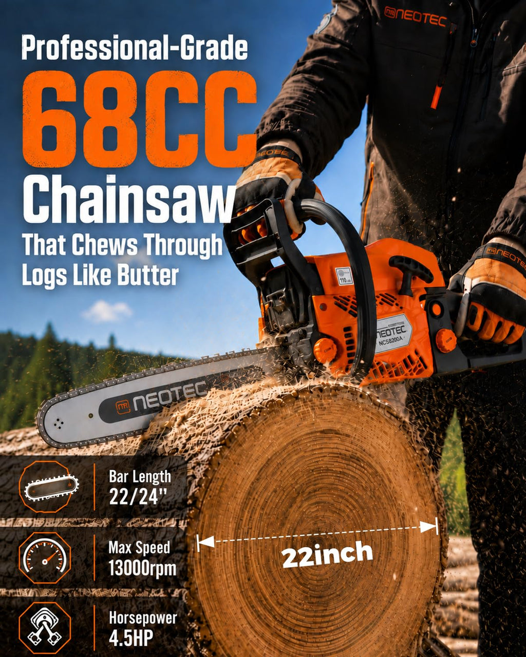 68CC Gas Powered Chainsaw 22 24 Inch Bars 2-Cycle Z7802