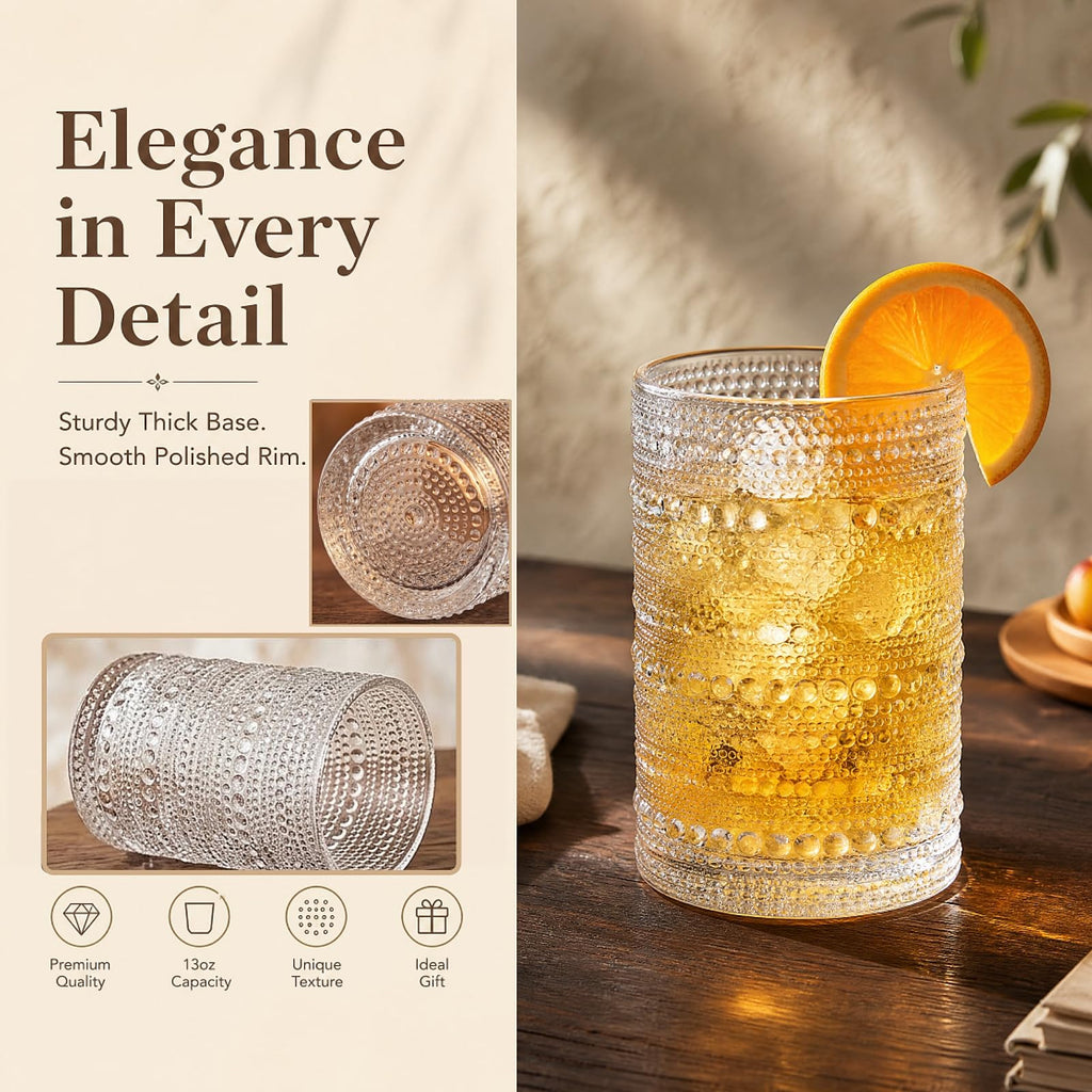 Set of 6 Vintage Hobnail Drinking Glasses, 13 oz Clear Embossed Glassware P7184