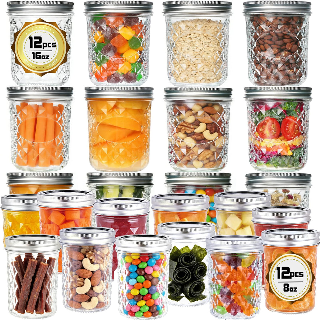 8oz & 16oz 24 Pack Canning Glass Jars with Airtight Lids R7139