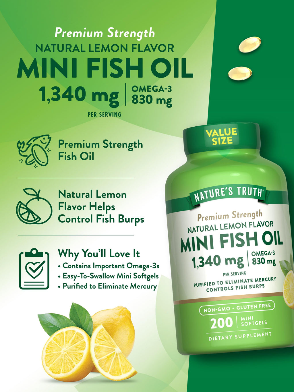 Fish Oil Omega 3 1340 mg 200 Mini Softgels E475620